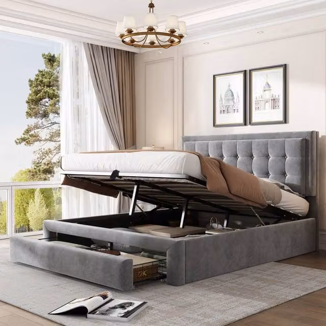 Rolipo Grey Velvet Double Bed 4ft6 Ottoman Storage Bed Frame with Headboard – 1