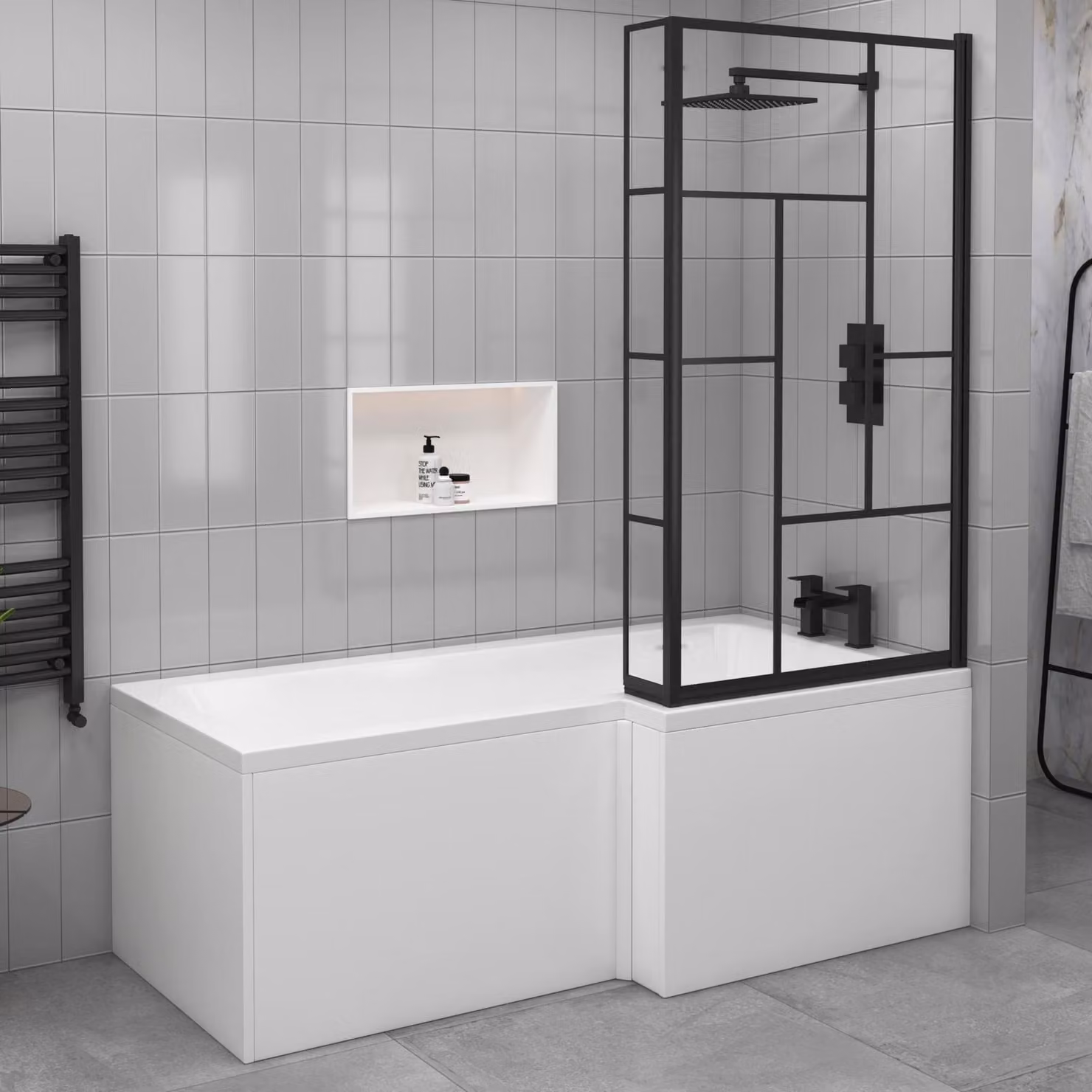 Qubix Right Hand L Shaped Asymmetric Shower Bath in White with Abstract Grid Black Framed Screen and Front Bath Panel, W: 150 cm, D: 85 cm