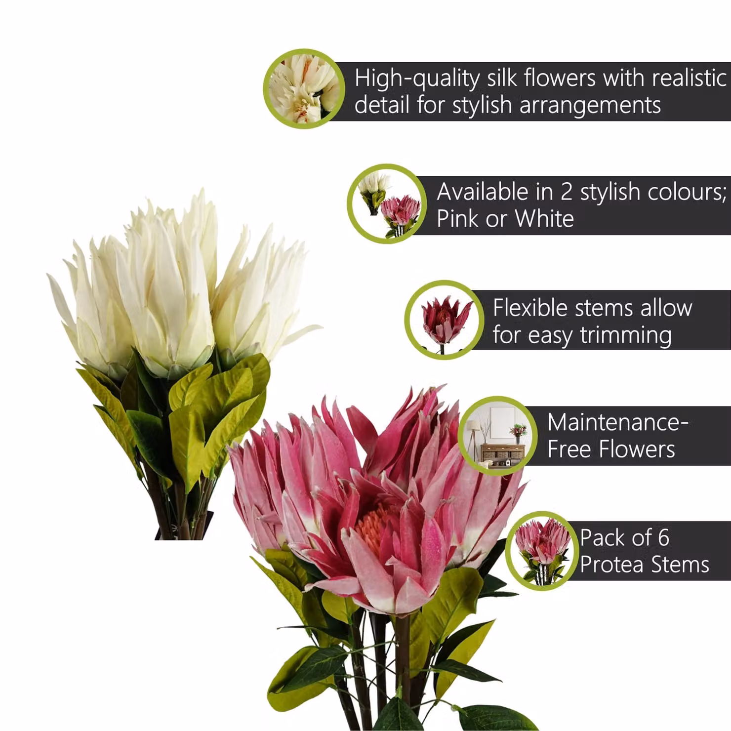 Pegdev Pack of 6 White and Pink Artificial Protea Stems with Silk Petals, Height: 65 cm – 1