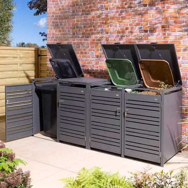 Rowlinsons Chelsea Quadruple Bin Store in Black Steel, W: 265 cm, D: 81 cm, H: 116.5 cm