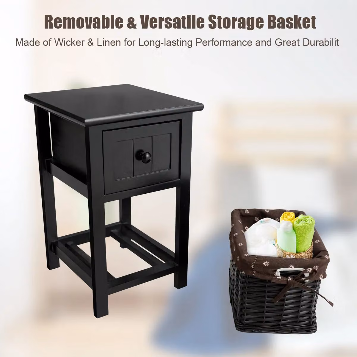 Costway Modern Black Chest of Drawers Nightstand with Removable Rattan Baskets – 4