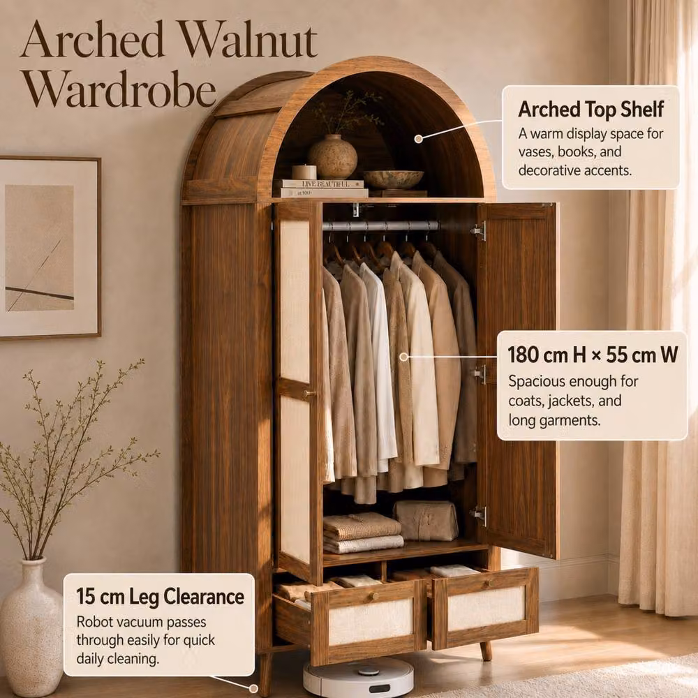 Matteo Arched Double Wardrobe in Walnut and Rattan-Effect with 2 Doors and 2 Drawers, H 180 cm x W 55 cm x D 55 cm – 5