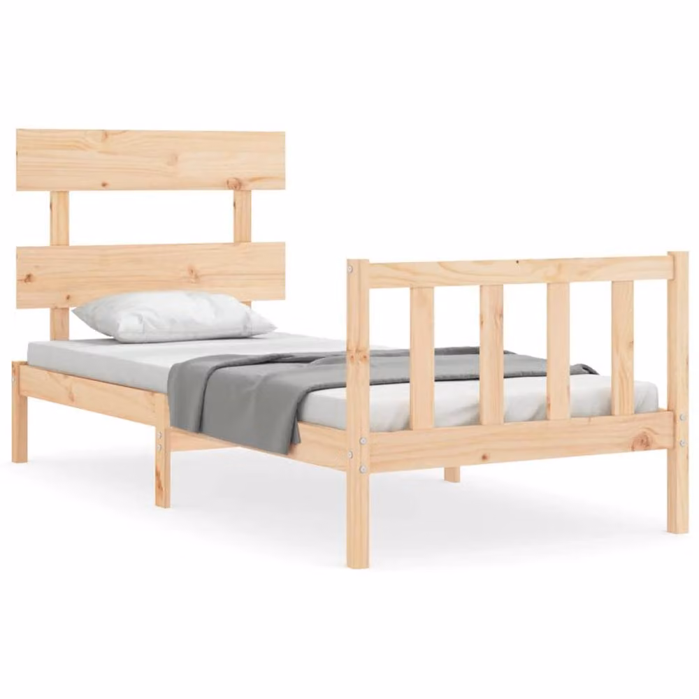 Berkfield Home Beautiful Solid Wood Bed Frame with Headboard in Beige, W/D/H: 90 x 200 x 105.5 cm – 2