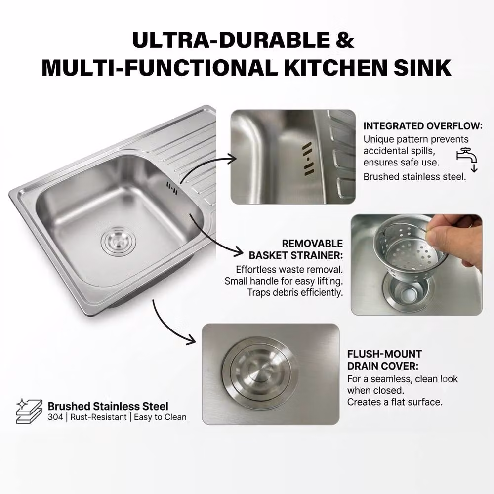 INMTFEI 304 Stainless Steel Single Bowl Kitchen Sink with Drainer Board in Silver – 4