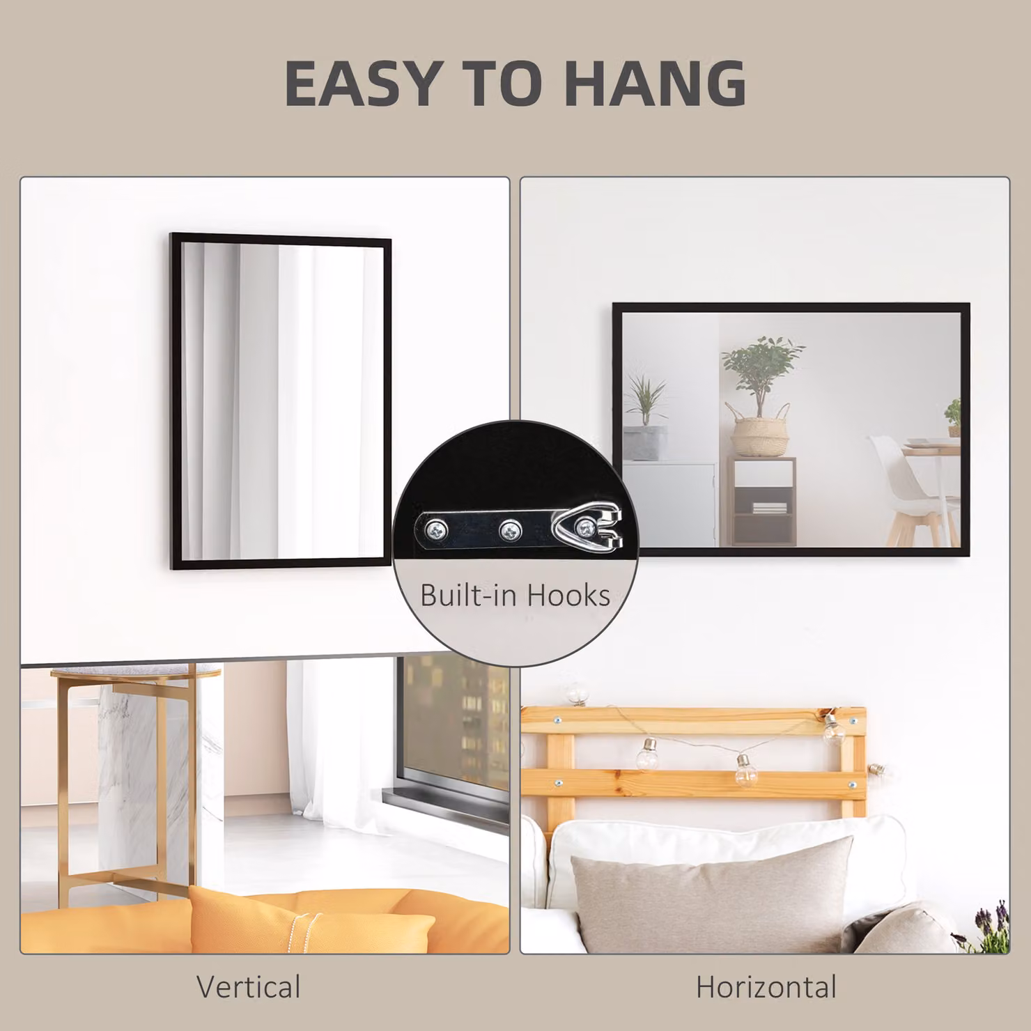 HOMCOM Modern Rectangular Wall-Mounted Glass Mirror in Black, W: 50 cm, H: 70 cm – 3