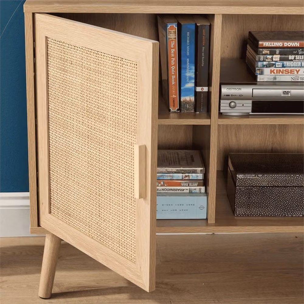 Nordara Mid Century Brown Rattan Door Open Shelving Cabinet – 3