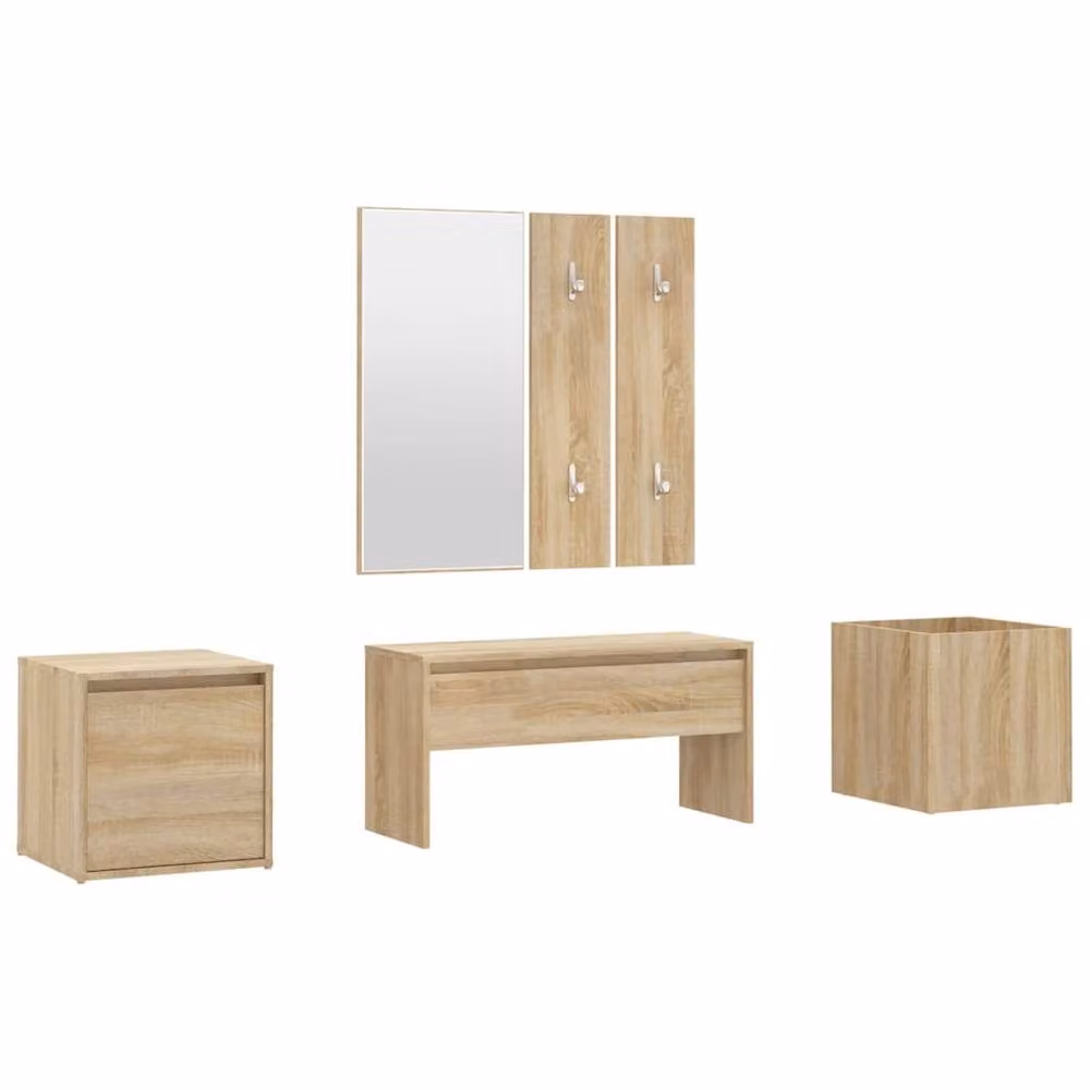 Berkfield Home Modern Hallway Furniture Set in Sonoma Oak and Beige, including Bench, Mirror and Wall Rack – 2
