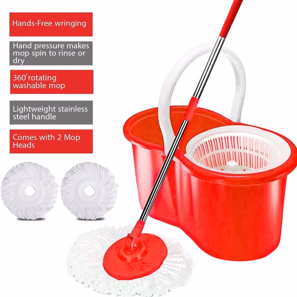 EONLION Red Floor Magic Spin Mop and Bucket Set with Wringer and Microfibre Refillable Head – 2