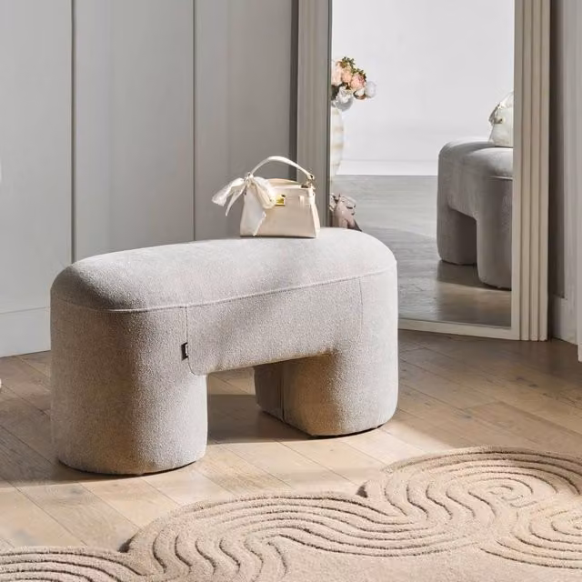 Wyld and Coco Beige Boucle Oval Accent Ottoman with Larch Wood Legs – 1