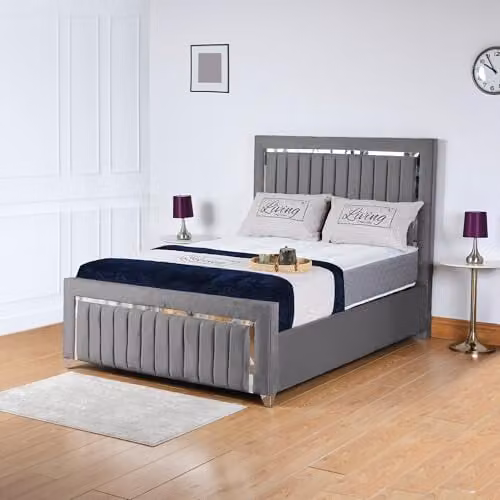 Living Comfort Bedz Zurich Plush Velvet Bed in Grey with Silver Trim Detailing, 6FT Super King, W/D/H: 200 x 190 x 190 cm – 1