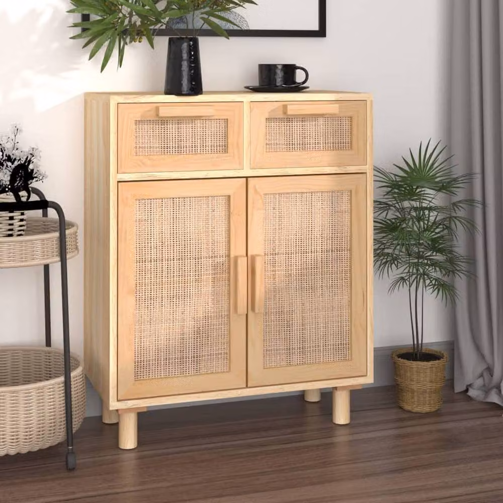 Berkfield Home Brown Sideboard in Solid Pine and Natural Rattan, W/D/H: 60 x 30 x 75 cm – 2