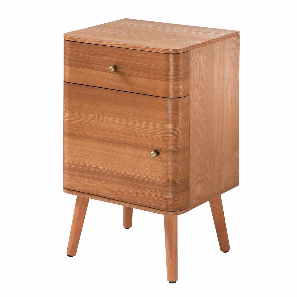 CALICOSY Bedside Table with 1 Drawer and 1 Door in Light Brown with Gold Accents, W/D/H: 42 x 35 x 71 cm – 3