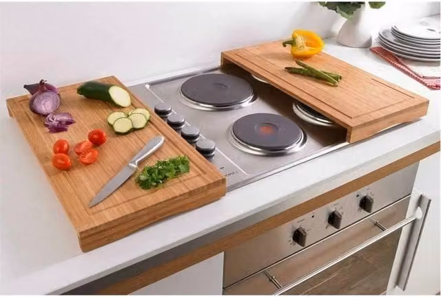 Nordara Set of 2 Rectangular Bamboo Wooden Kitchen Chopping Boards and Oven Hob Covers in Beige