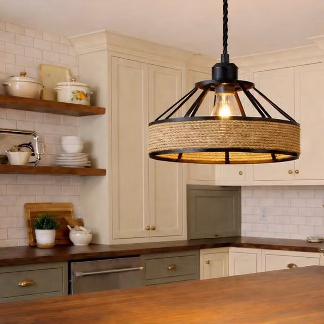 Emitto Industrial Black Cylinder Ceiling Pendant Light Shade with Hemp Rope and Metal Construction