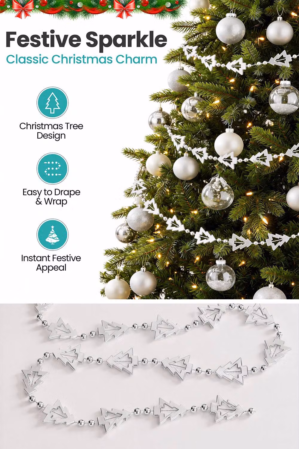 Neel Blue 5m Silver Metallic Christmas Tree Bead Garland Hanging Chain – 3