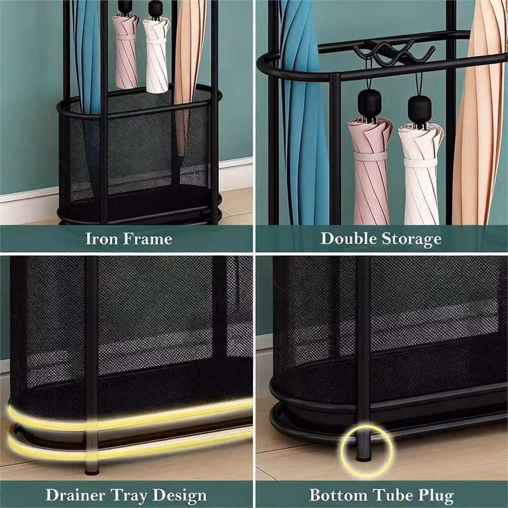 Nordara Black Metal Freestanding Umbrella Stand with Removable Drip Tray and Hooks, H 100 cm x W 15 cm x D 15 cm – 6