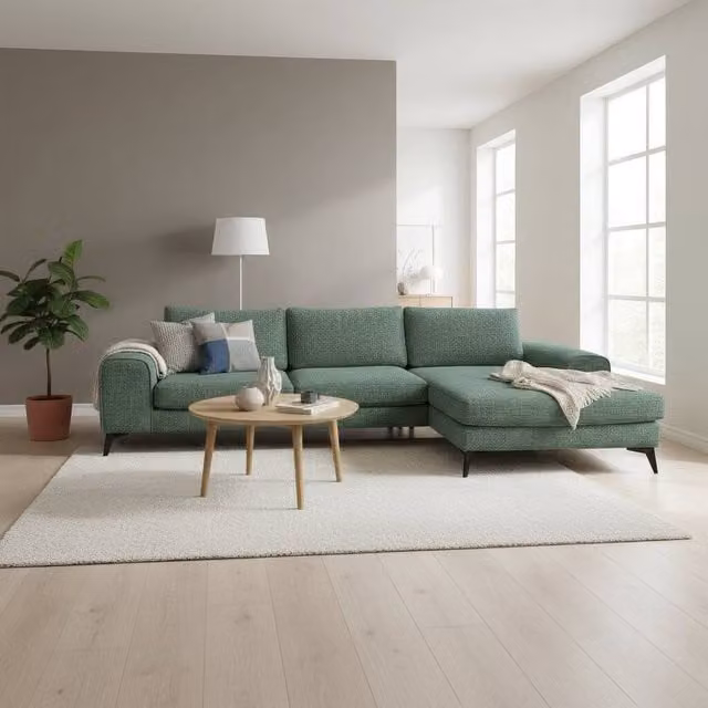 Abakus Direct Venice Chenille L-Shaped Corner Sofa in Green, Right Hand Facing