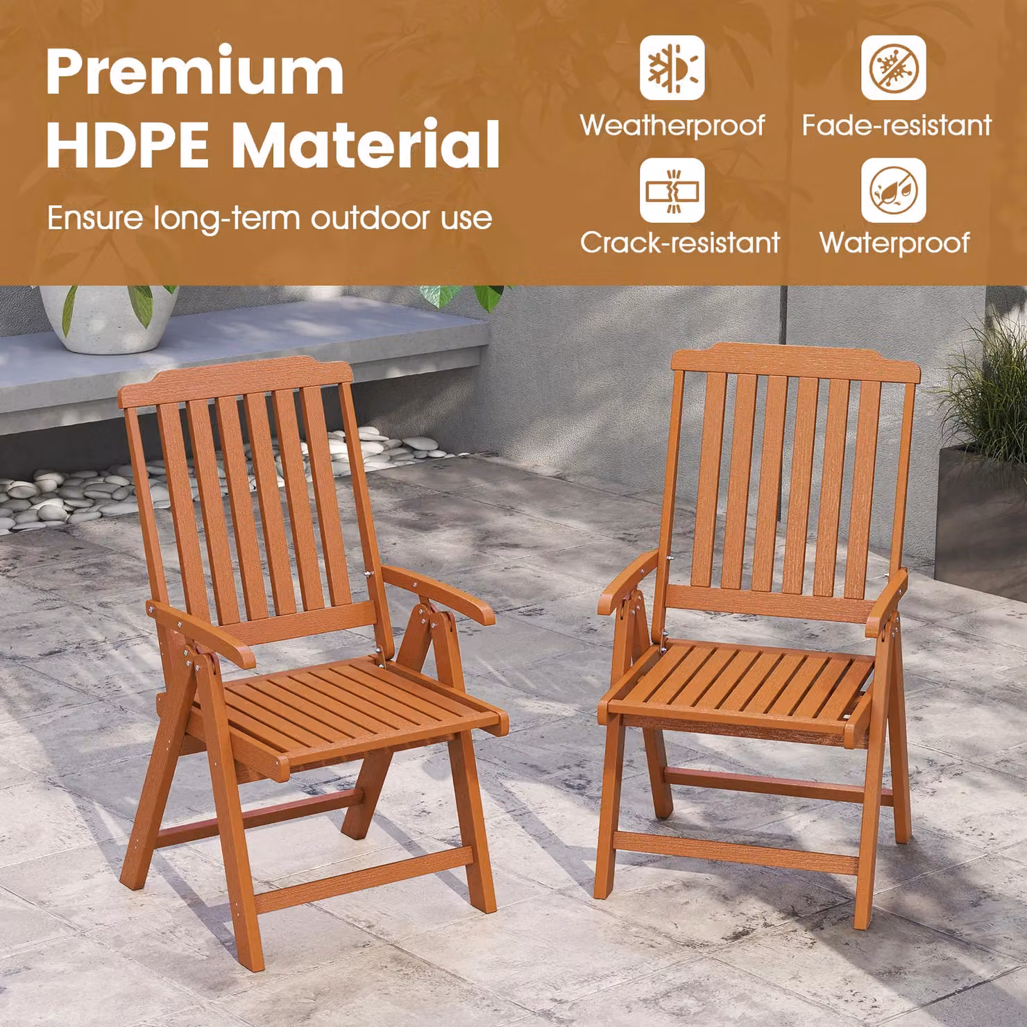 Gymax Brown Folding Patio Chair with Armrests, All-Weather HDPE Outdoor Dining Chair – 6