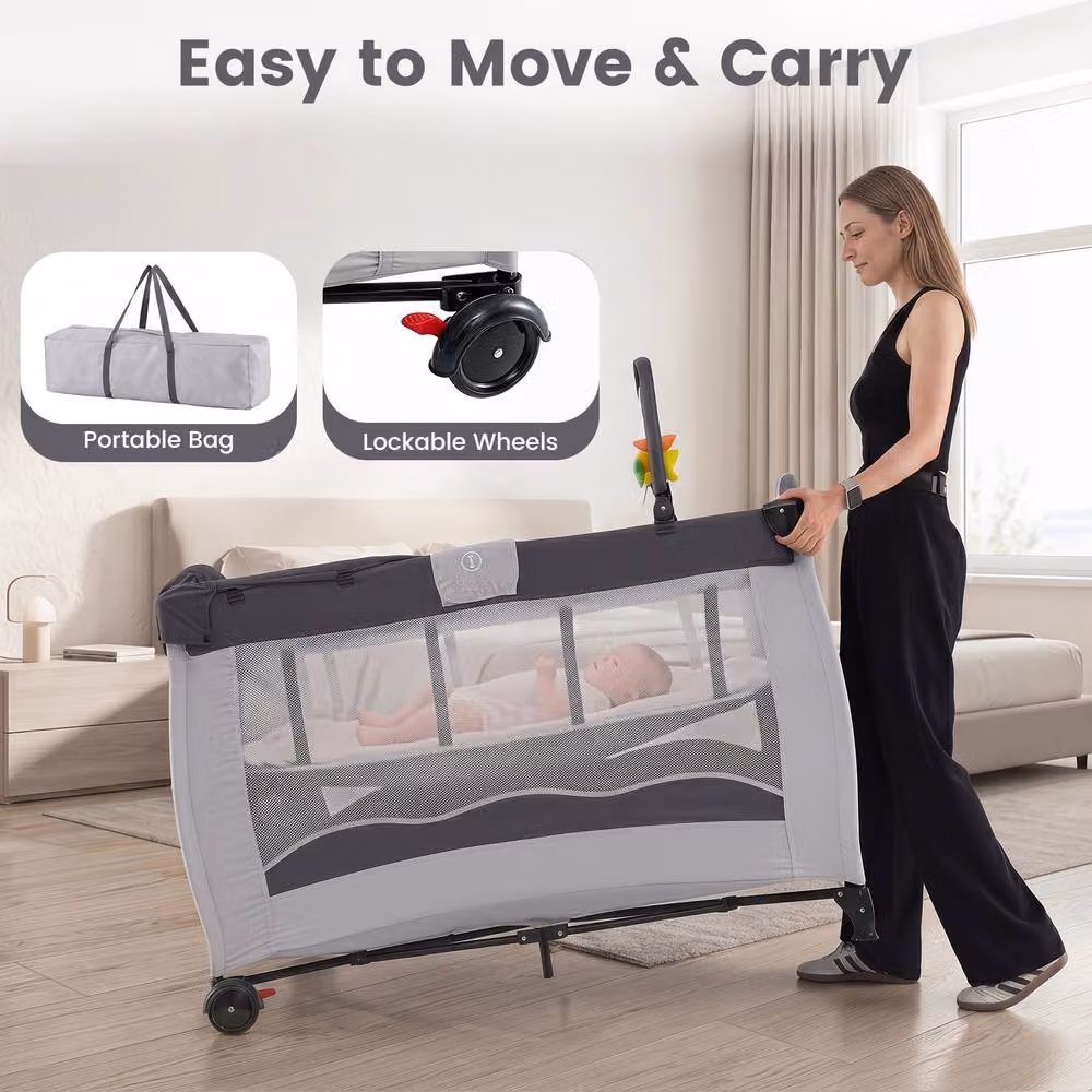 Gymax Folding Playpen in Grey with Diaper Changing Table, 2 Lockable Wheels and 3 Hanging Toys – 7