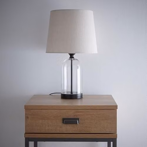 K LIVING Chelsea Table Lamp with Glass Base and Beige Fabric Shade in Black