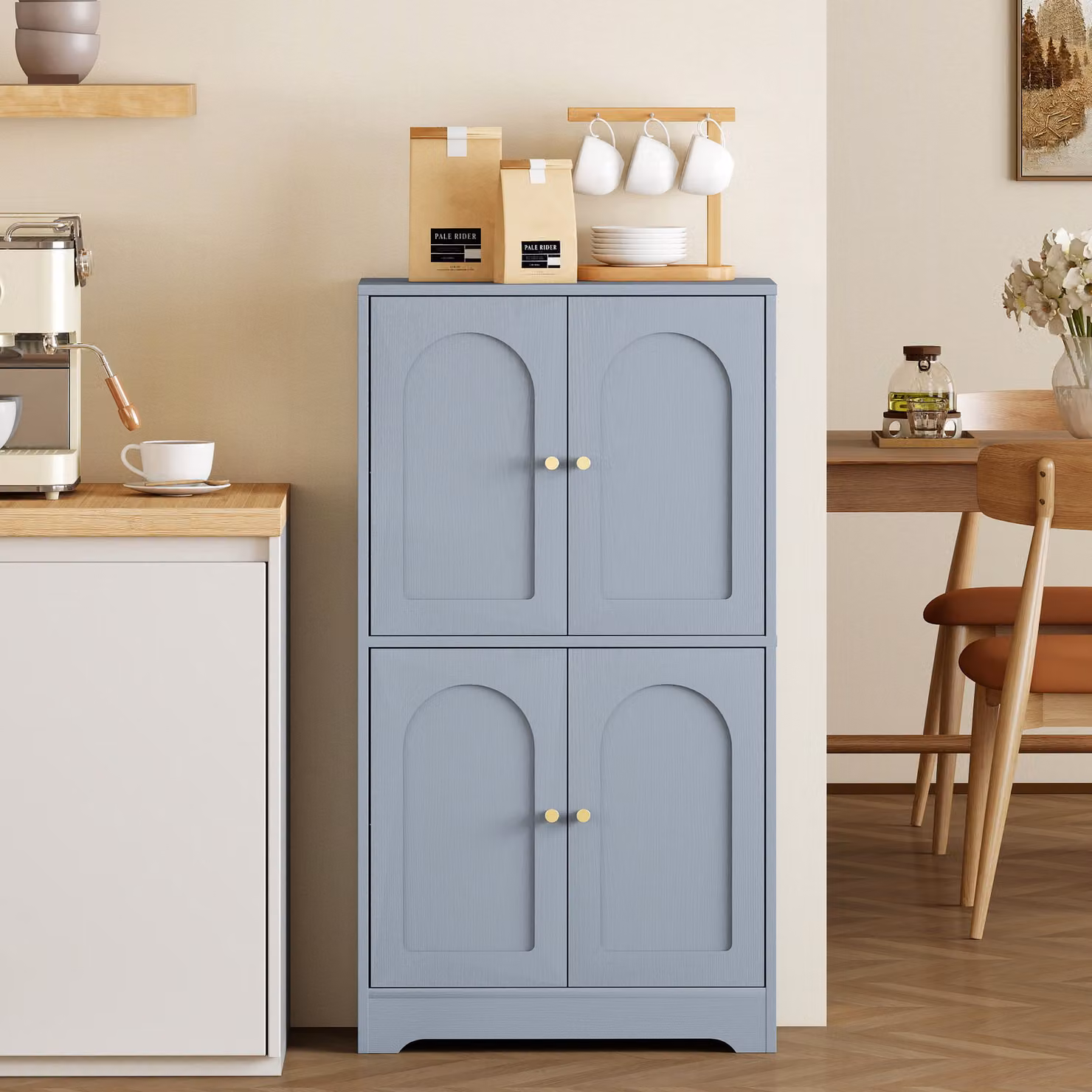HOMCOM Modern Grey 4-Door Tall Kitchen Storage Cabinet with Gold Accents and Adjustable Internal Shelves – 5