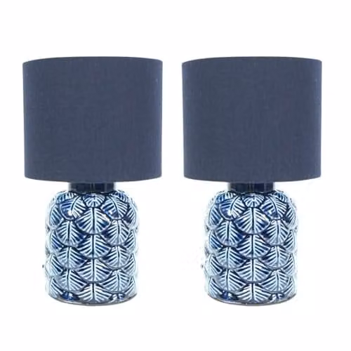 ValueLights Set of 2 Navy Blue Textured Scallop Ceramic Table Lamps with Beige Fabric Drum Lampshades and LED Bulbs Included – 1