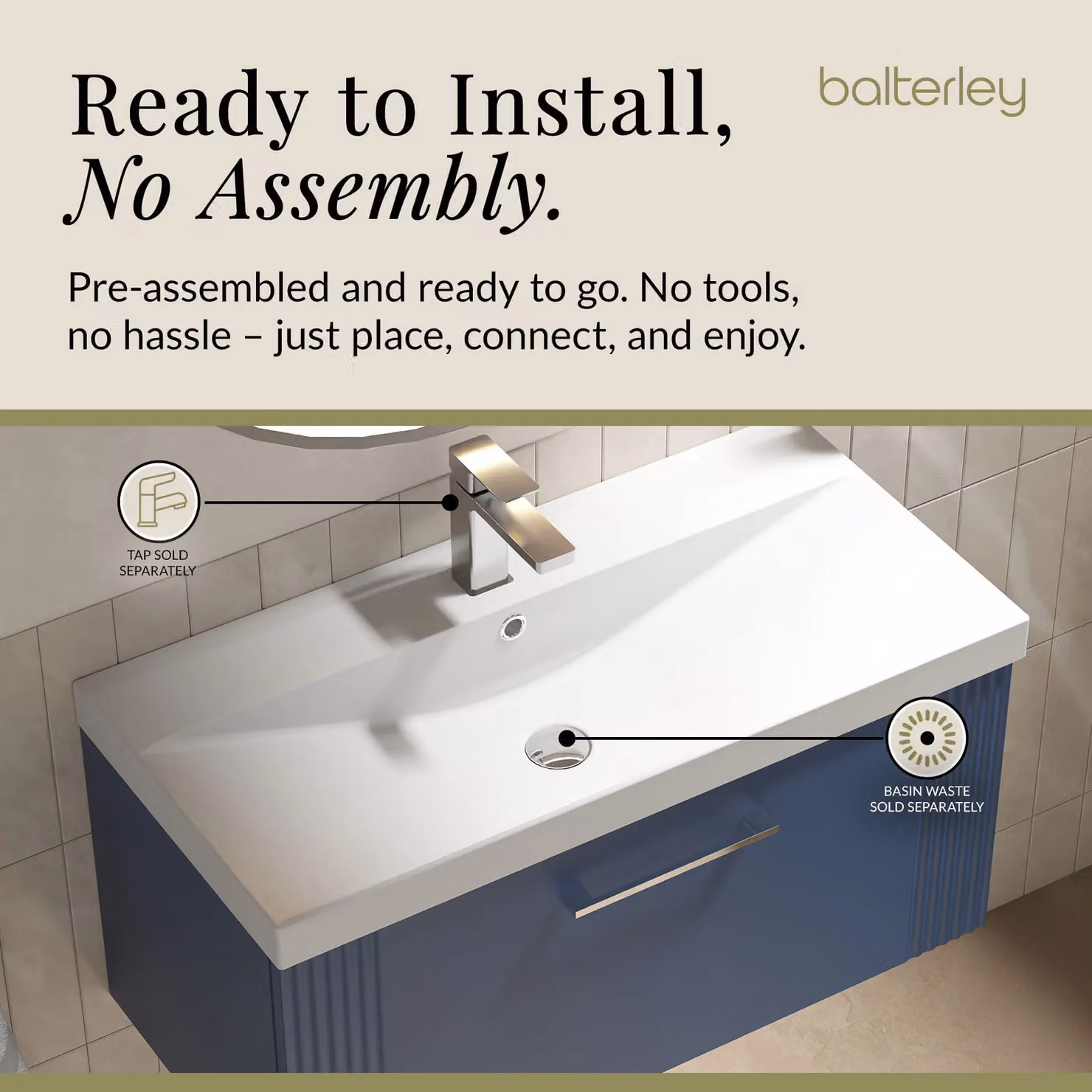 Balterley Wall Hung 1 Drawer Vanity Unit with Thin-Edge Basin, Satin Blue, W: 80 cm, D: 40.9 cm, H: 80 cm – 4