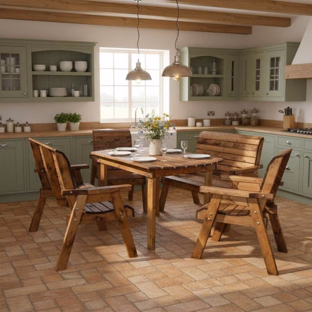 Samuel Alexander Handmade 6 Seater Rustic Wooden Indoor Dining Table, Bench and Chair Set in Brown – 3