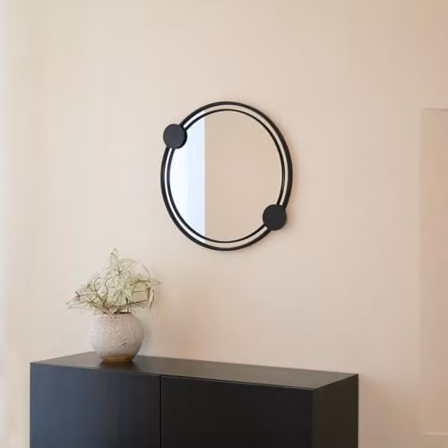 Charles Bentley Warsaw Round Wall Mounted Garden Mirror with Black Aluminium Frame, W: 65 cm, H: 58 cm, D: 58 cm