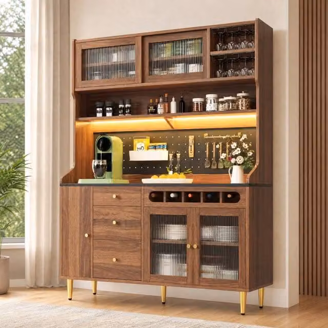 STILVORA Modern Tall Cabinet in Brown with Integrated LED Lighting and Sliding Glass Doors