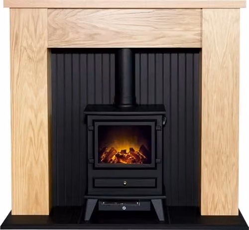 Adam Fires & Fireplaces New England Stove Fireplace in Oak and Black with Hudson Electric Stove in Black, W: 121.92 cm, H: 111.6 cm, D: 38.0 cm
