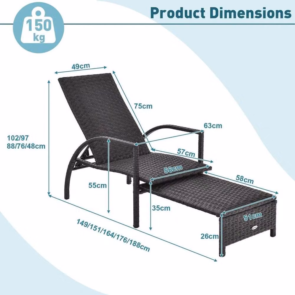 Kelvenix 5-Level Adjustable Wicker Chaise Lounger Recliner with Armrests in Brown – 2