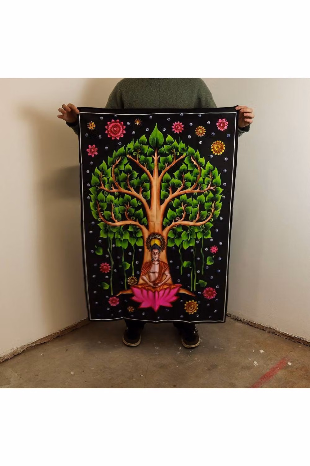 KDMD Ethnic Buddha and Bodhi Tree Cotton Textile Wall Hanging, Multicolour Floral Portrait, W: 70 cm, H: 110 cm – 2