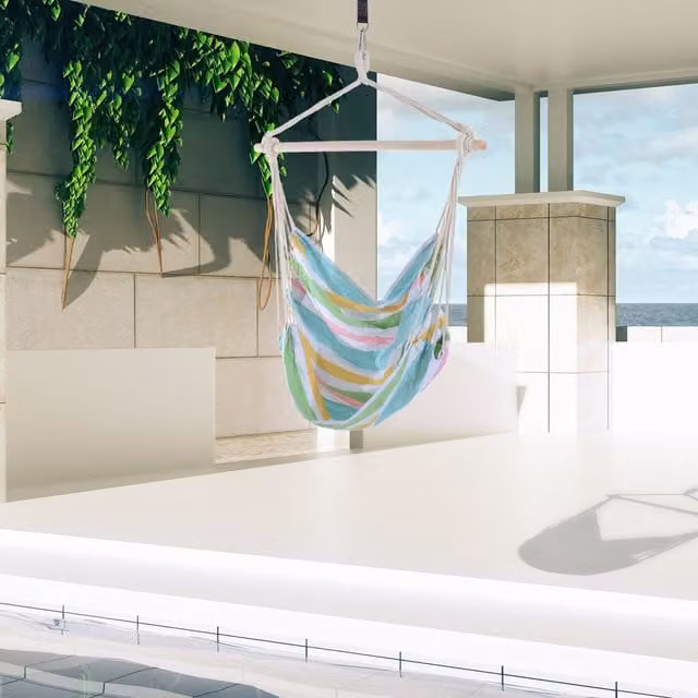 Outsunny Boho Egg Hanging Rope Chair with Solid Wood Frame and Cotton Fabric in Green and Multicolour