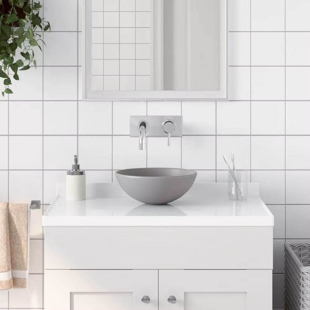 Berkfield Home Sleek Round Ceramic Bathroom Sink in Light Grey – 2