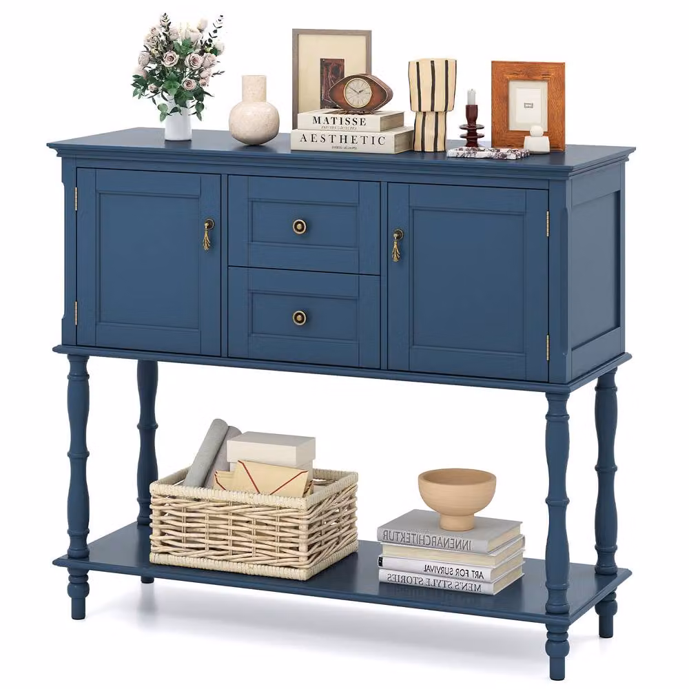 Gymax Blue Pine Wood Console Table with 2 Drawers – 5