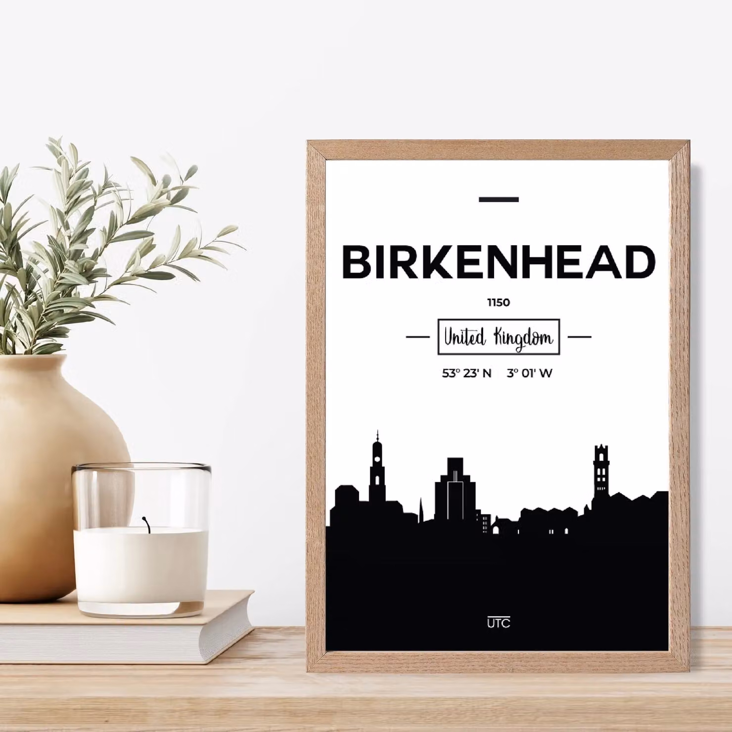 ARTZE Birkenhead Black and White City Skyline Framed Print with Oak Frame, A3 – 2