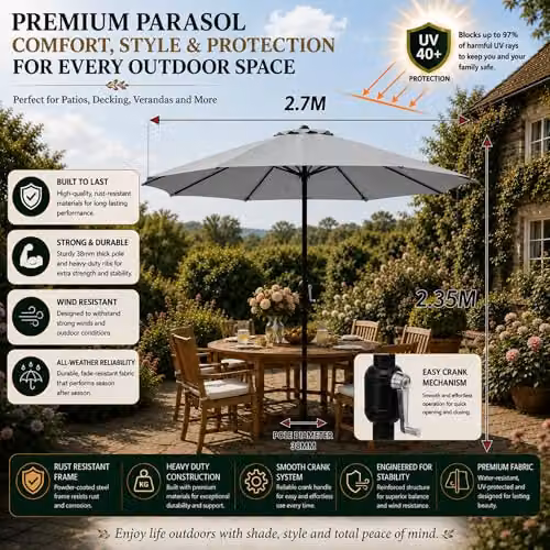 GlamHaus Garden Parasol Umbrella in Grey with UPF 40 Protection and Protective Cover – 2