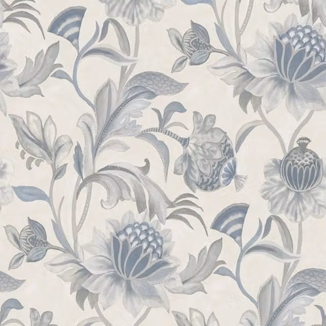 Holden Decor Cecelia Blue Floral Jacobean Style Metallic Textured Vinyl Wallpaper