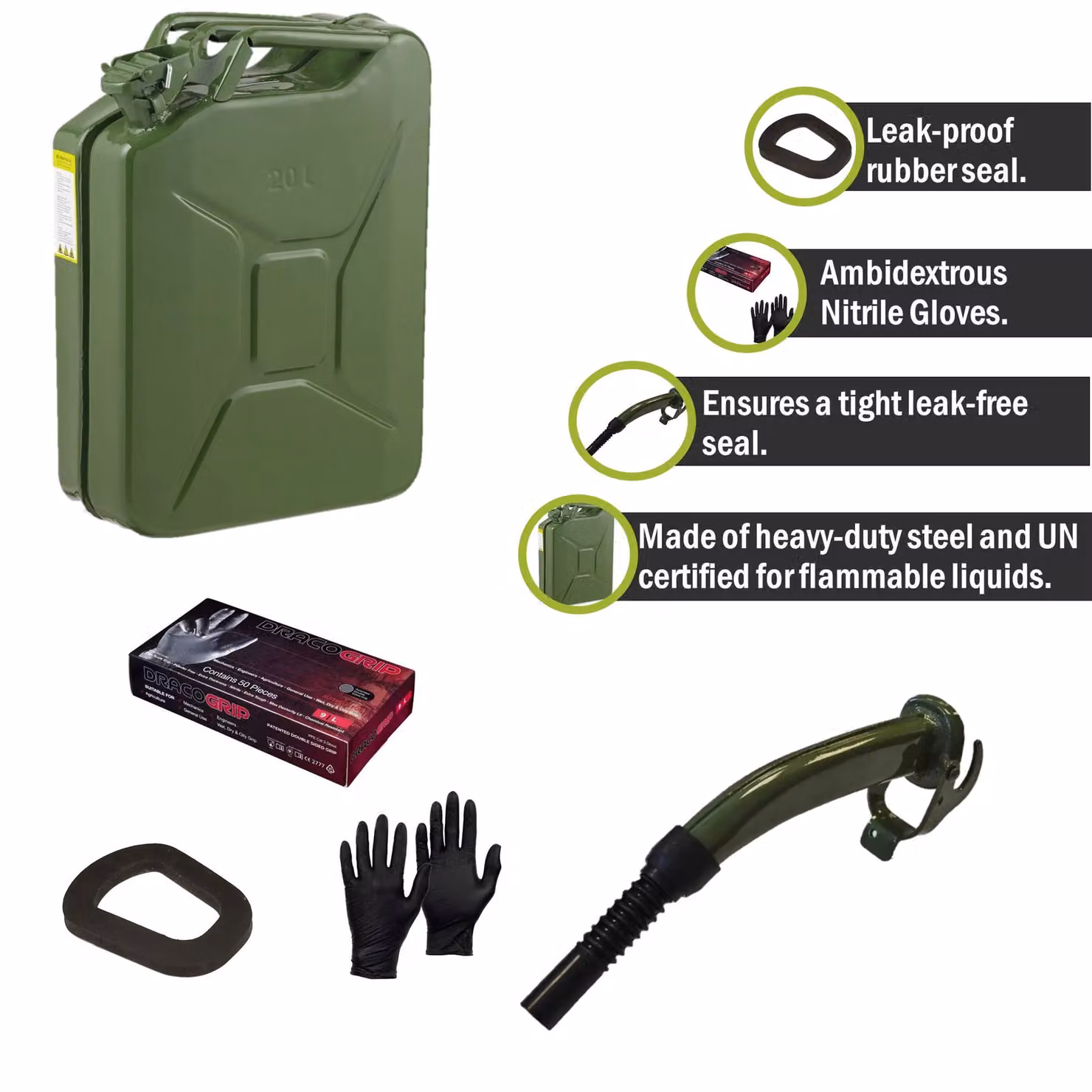Pegdev 20L Heavy Duty Jerry Can in Dark Green with Metal Spout Replacement Seal and Nitrile Gloves – 2