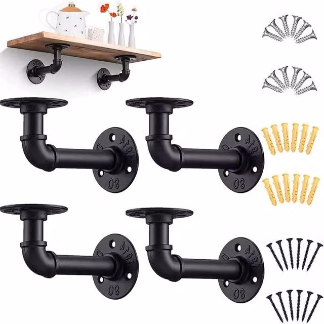 VOGREX Set of 4 Industrial Iron Pipe Wall Mounted Shelf Brackets in Matt Black