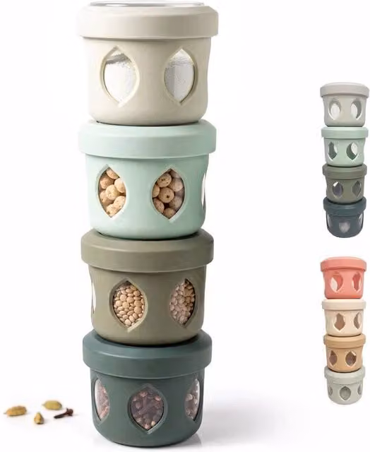 FLAVORA 4-Piece Stackable Small Snack Pots with Airtight Leakproof Lids, Multicolour