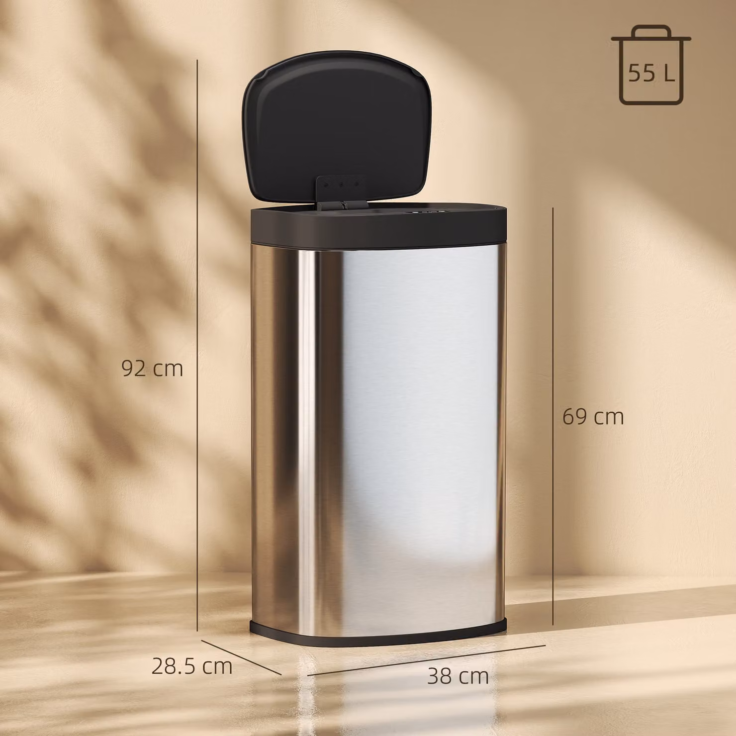 HOMCOM 55L Sensor Bin with Soft-Close Lid and Fingerprint Resistant Stainless Steel in Silver Tone – 3