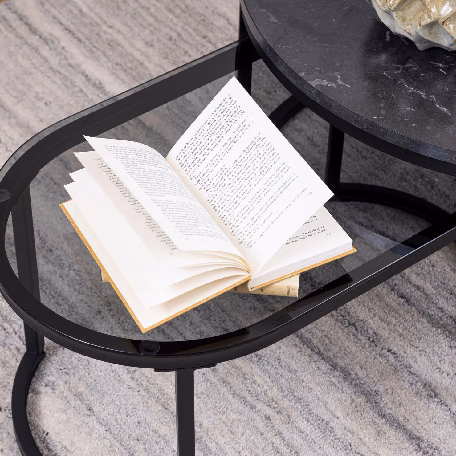 Furniture To Go Spiro Modern Round Coffee Table Set with Black Marble and Smoked Melamine Glass Tops – 4