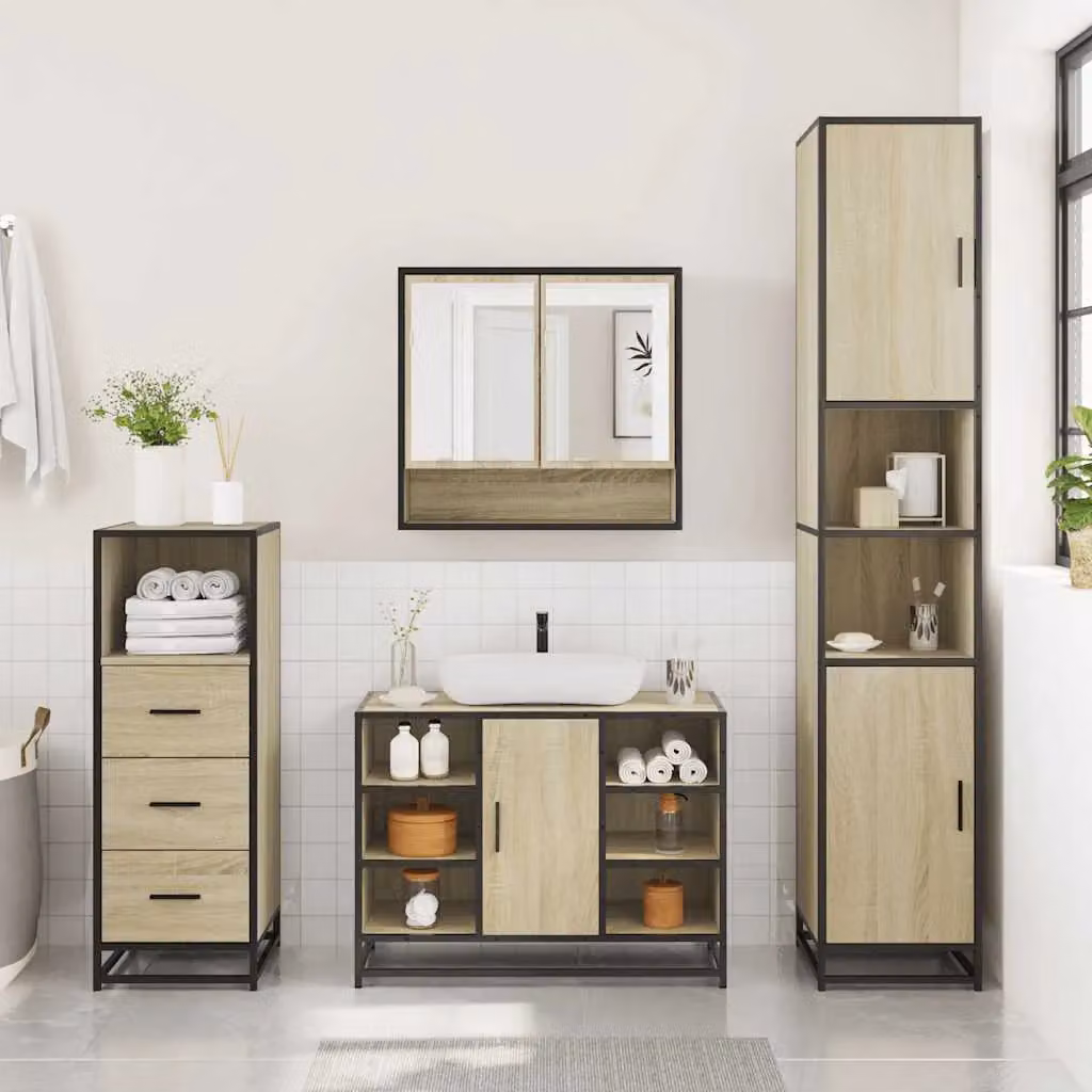 Berkfield Home 3 Piece Industrial Bathroom Furniture Set in Sonoma Oak Brown – 3