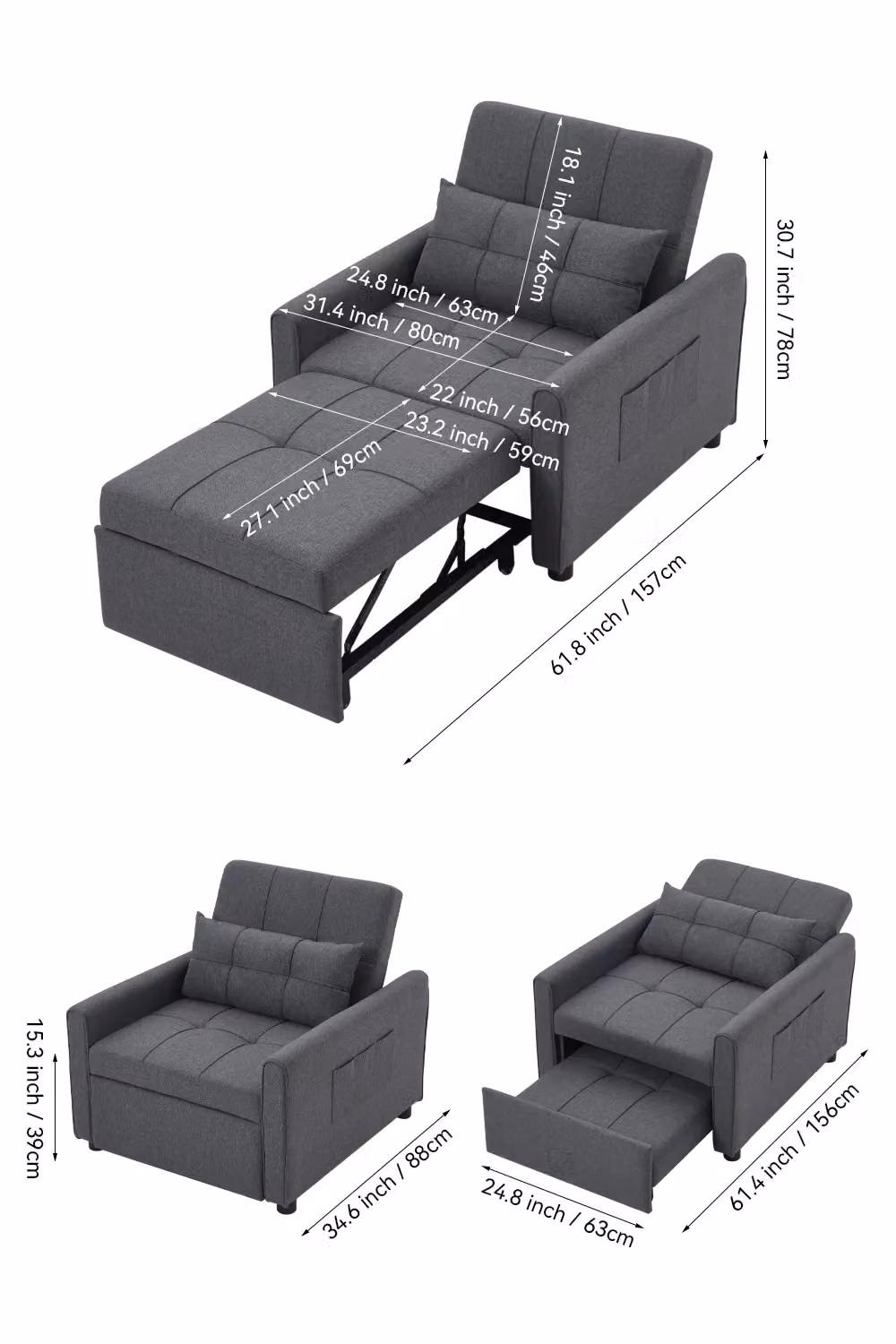 H&O Direct Convertible Fabric Sofa Bed in Grey with Foam Mattress and Detachable Pillow – 2