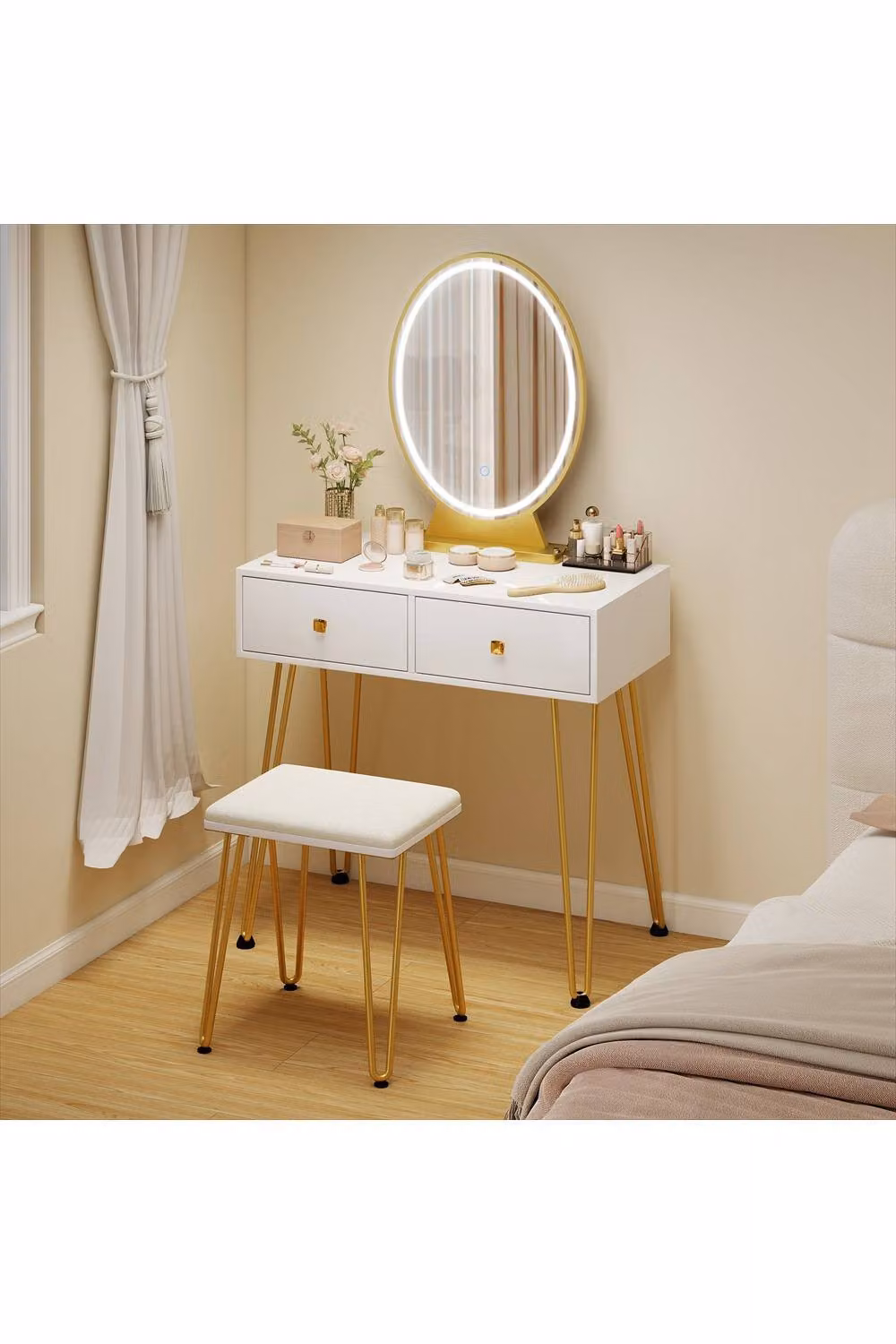 ERGOVEXA Dressing Table with LED Hollywood Mirror and Cushioned Stool in White and Gold – 2