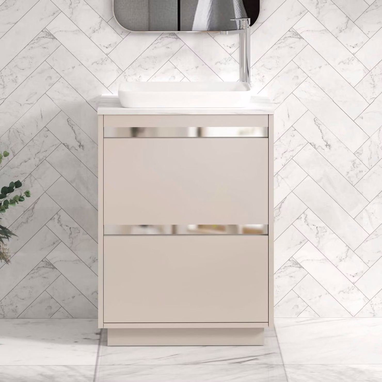 Royal Bathrooms Orion 2 Drawer Floor Standing Vanity Unit in Warm Taupe with Carrara White Stone Top and Countertop Basin