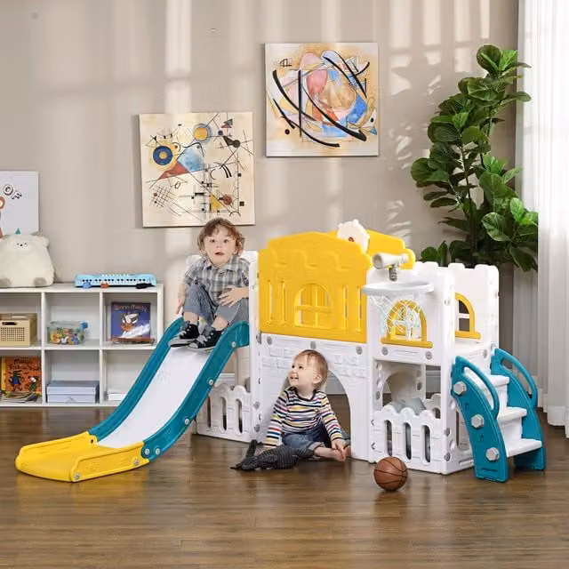 AIYAPLAY 7 in 1 Toddler Slide with Basketball Hoop, Yellow