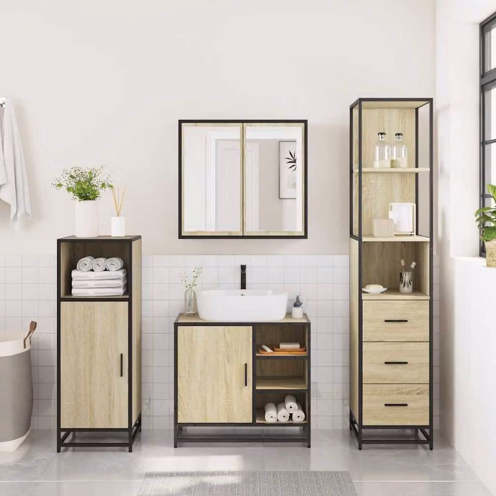 Berkfield Home 3 Piece Industrial Bathroom Furniture Set in Brown Sonoma Oak Engineered Wood – 3